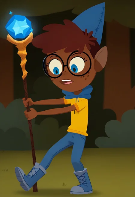 score_9, score_8_up, score_7_up, solo, 1girl, black glasses, reddish-brown hair, blue eyes, brown skin, freckles, , tiny_breast, outdoors, forest background, yellow wizard outfit,  holding magic staff, , perfect hands, glowing eyes, messy, blue cap, blue cloke,  dark blue jeans, and blue boots with brown trim , show accurate, perfect hands, perfect anatomy,