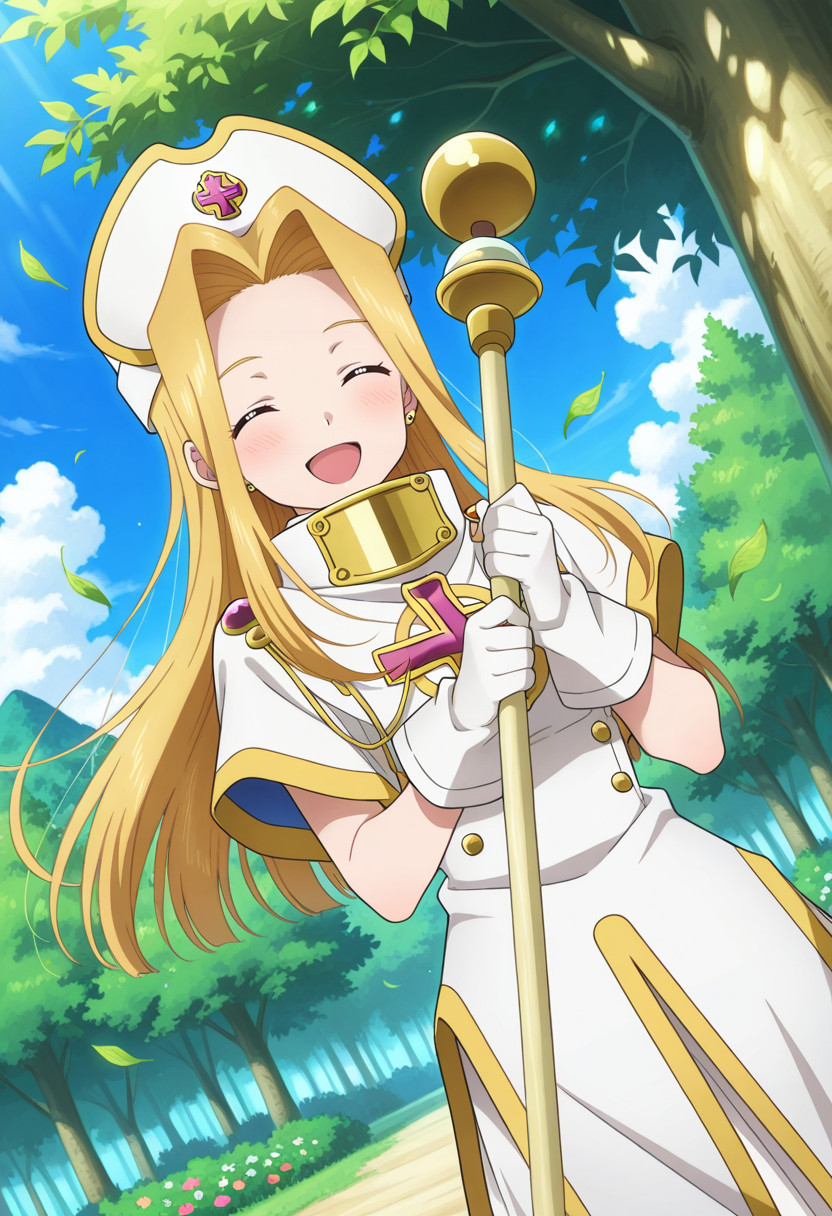 open smile, blush, closed eyes, holding staff, mintstaff, 
cowboy shot, dynamic angle,
BREAK,
<lora:minti_illustriousXL_v04:0.95>
mintbase, blonde hair, long hair, blue eyes, parted bangs, white cap, white headwear, 
white dress, short sleeves, white gloves, priestess, cleric, white robe, gold trim, high collar, 
white footwear, white shoes,, source_anime, very aesthetic, anime coloring, masterpiece, 
best quality, amazing quality, ultra detailed, very aesthetic, 
detailed background, 
BREAK,, forest, flowers, clouds, day, floating leaves,