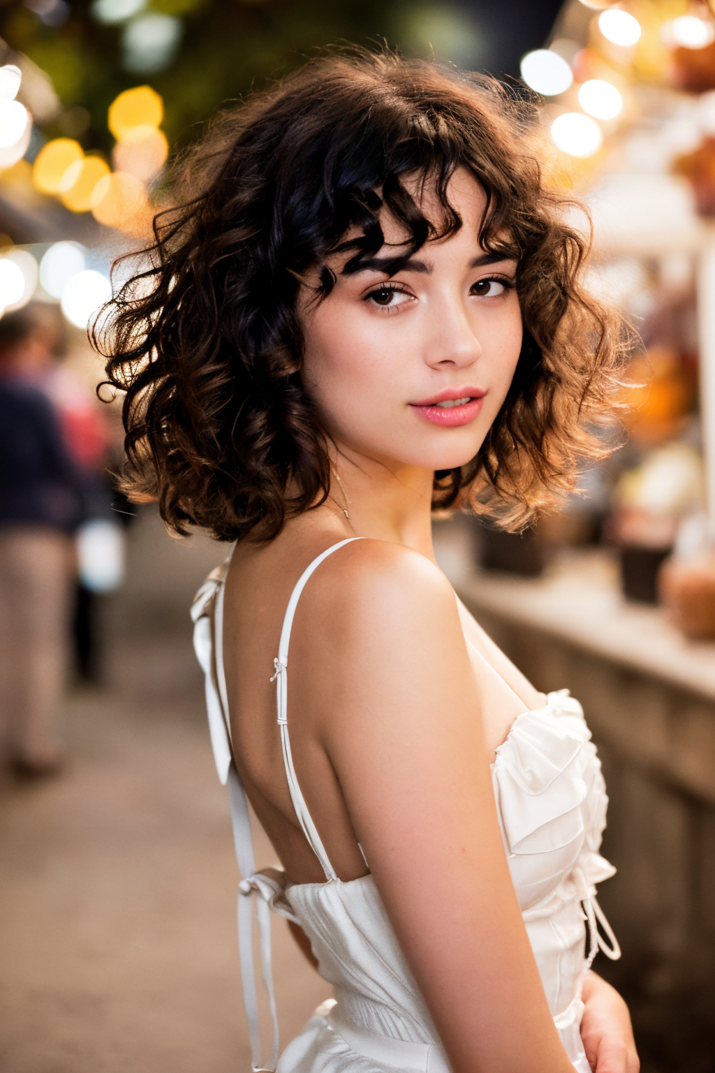 80s style portrait shot, a beautiful Spanish girl with brown curly hair, bt80hast, curly bangs, ideal face, floating lantern market, 80s dress, string lights, pale skin, blush, detailed skin, innocent, natural lighting, film grain, retro,(bokeh:1.3), Porta 160 color, shot on ARRI ALEXA 65, sharp focus on subject, Fujifilm XT-3, <lora:picxer_real:0.8> <lora:bt80hast:0.7>