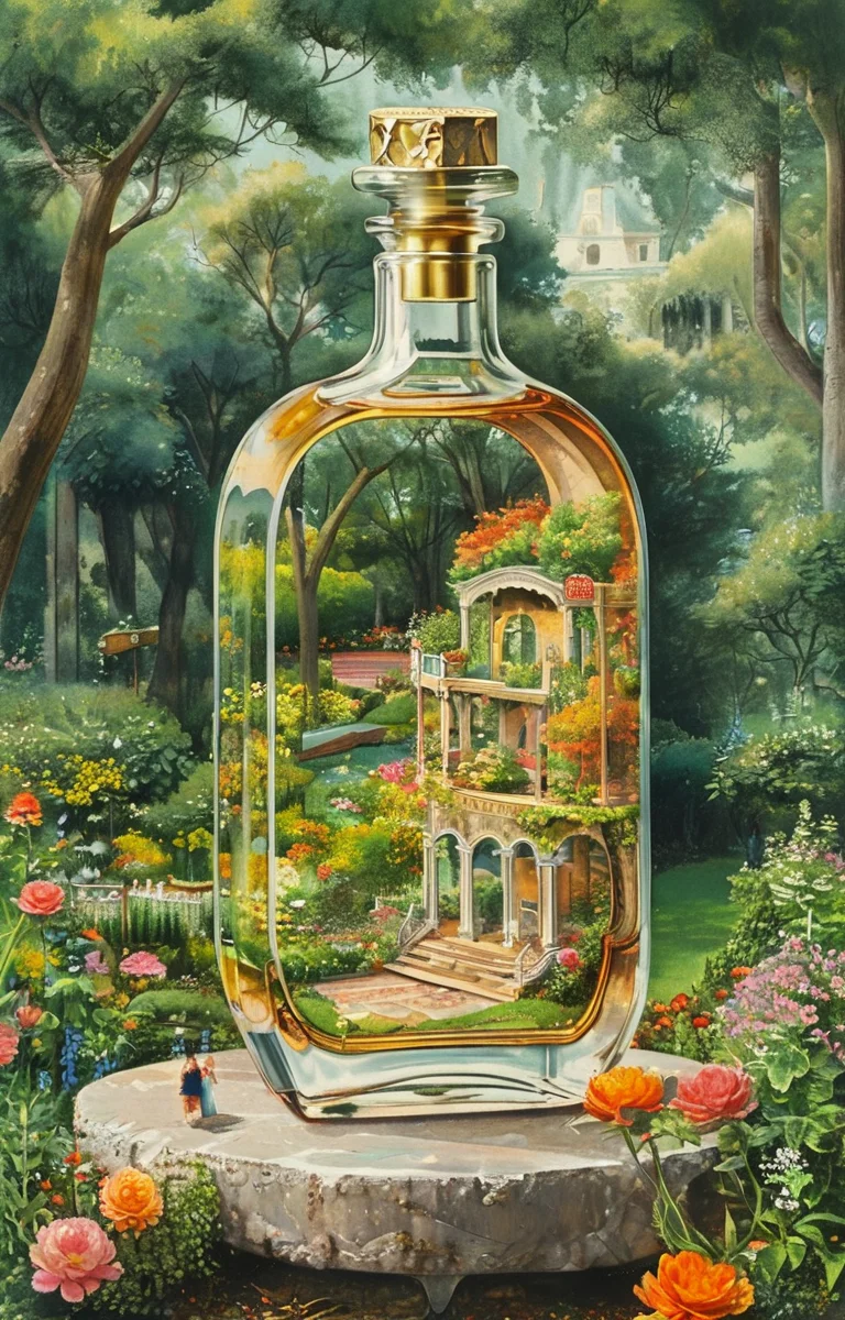 masterpiece,best quality,<lora:tbh242-sdxl:0.9>,illustration,style of Cutaway view A bottle of perfume in garden