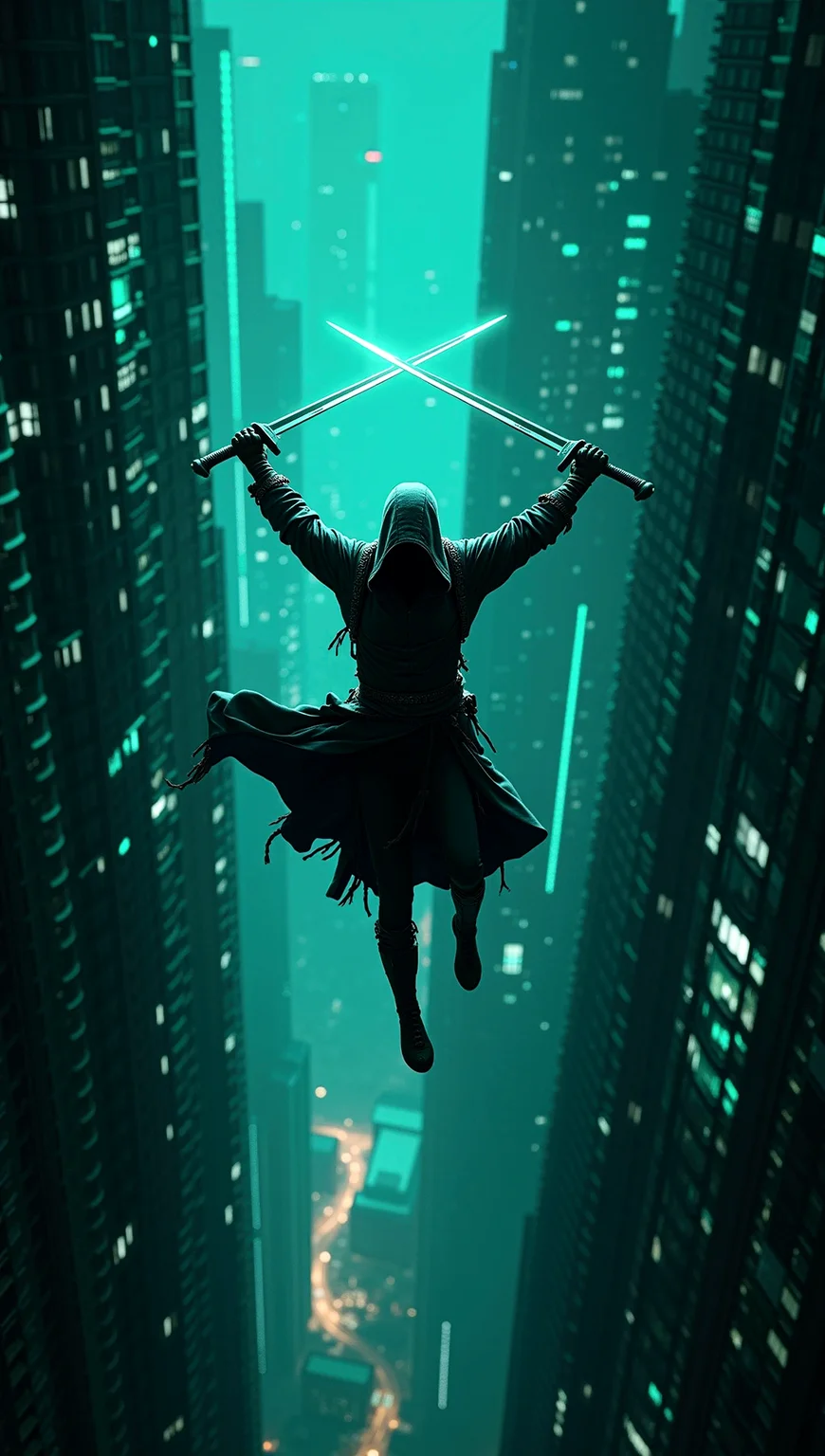 photorealistic image of a mysterious cyber assassin, parkour, mid-leap between two towering digital skyscrapers, sword raised high, cloaked in dark tattered robes, intricate glowing green and blue grid cityscape in the background, cyberpunk aesthetic, ultra-high-definition textures, cinematic composition, dynamic motion, intense contrasts, highly detailed and accurate portrayal, photorealistic rendering, action-packed atmosphere, digital world at midnight, neon lights, motion blur, vivid colors.
cinematic scene, cinematic lighting, intricate detail skin and facial texture, lifelike expression, accurate character design, extremely complex dynamic pose, interesting and complex background details, intricate vegetation details, perfect hands and fingers, correct body anatomy, complex realism,