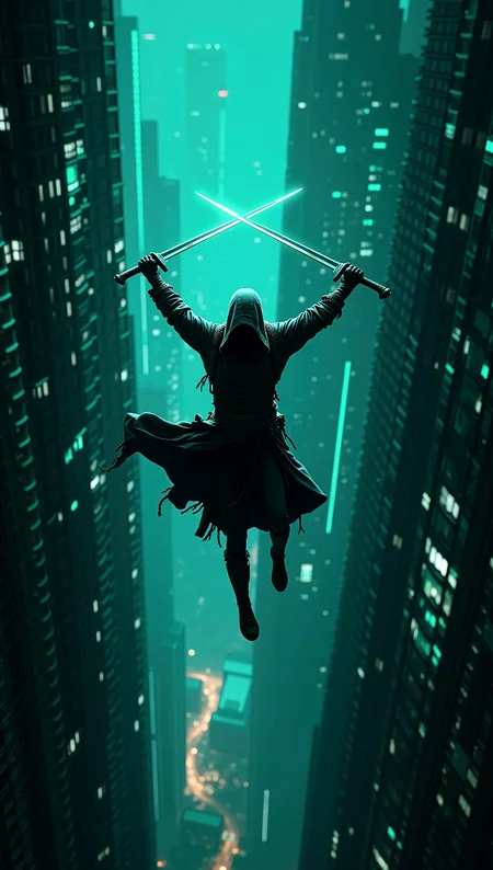 photorealistic image of a mysterious cyber assassin, parkour, mid-leap between two towering digital skyscrapers, sword raised high, cloaked in dark tattered robes, intricate glowing green and blue grid cityscape in the background, cyberpunk aesthetic, ultra-high-definition textures, cinematic composition, dynamic motion, intense contrasts, highly detailed and accurate portrayal, photorealistic rendering, action-packed atmosphere, digital world at midnight, neon lights, motion blur, vivid colors.
cinematic scene, cinematic lighting, intricate detail skin and facial texture, lifelike expression, accurate character design, extremely complex dynamic pose, interesting and complex background details, intricate vegetation details, perfect hands and fingers, correct body anatomy, complex realism,