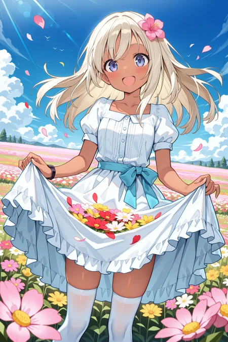 , masterpiece, best quality, absurdres, high detail, 8k,
flower field, garden, petal, blue sky, wind,
standing, skirt basket, smile, open mouth, :d, blush,
ro-500 \(pump\), platinum blonde hair, dark skin, long hair, white dress, puffy short sleeves, collarbone, frilled skirt, white thighhighs,
<lora:XL_Ill_kancolle-ro500(pump)-t2:0.9>