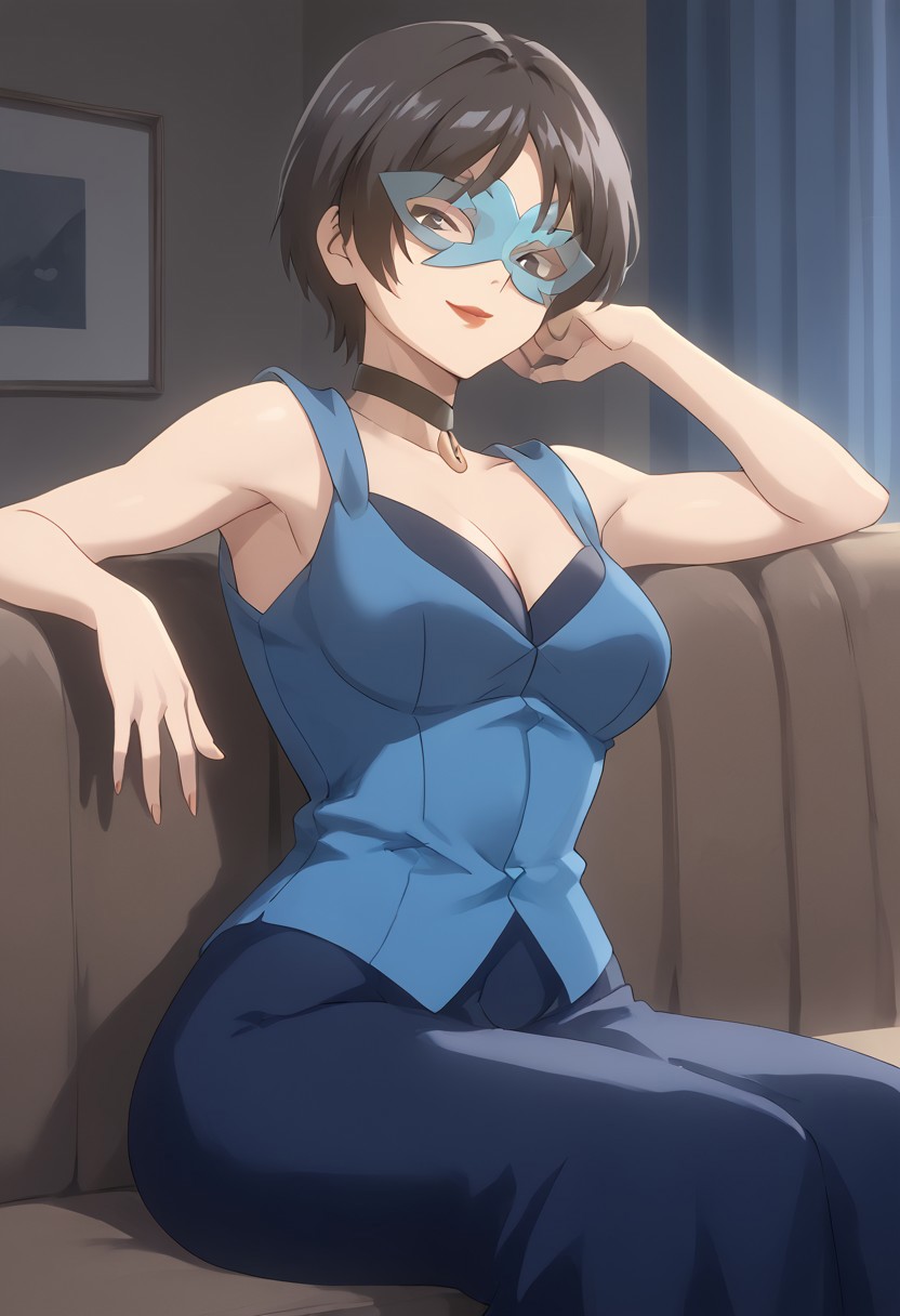 score_9, score_8_up, score_7_up,at room, indoor, moonlight,night view, richlady, black eyes,female, mask, black hair, red lips, collar, blue clothing, dress,sitting,smirk