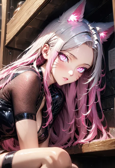 masterpiece, beatiful lips, best quality, high quality, amazing composition, cinematic, (masterpiece), (best quality), (ultra-detailed), very aesthetic, perfect composition, intricate details, absurdres, (anime, masterpiece, intricate:1.3), (best quality, hires textures, high detail:1.2), ((high end)),(UHD picture),(vivid),((life like)),(crystal clear),
(photo realistic),((bestquality fingertip)),((beautifully detailed face)),((beautifully detailed body line)),(beautiful detailed hair),((sexy)),{perfect anatomy},intricate,(highly detailed), perfecteyes,
Settings; (in the locker room), (dim light),
Character;(1girl, kda_ahri, from front, seductive),(nine fox tails), (multicolored hair:), (white hair), (pink hair), (long hair), (whiskers), (glowing eyes1.3),
composition; (close up), (looking for viewer), (sitting),