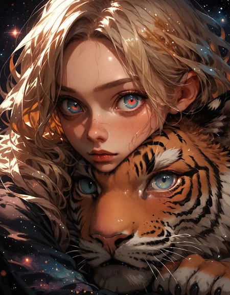 score_9, score_8_up, score_7_up, score_6_up, score_5_up, score_4_up, girl and a tiger, black tiger, girl has blonde hair and blue eyes, tiger red eyes, small eyes, galaxy, cosmic horror, black background