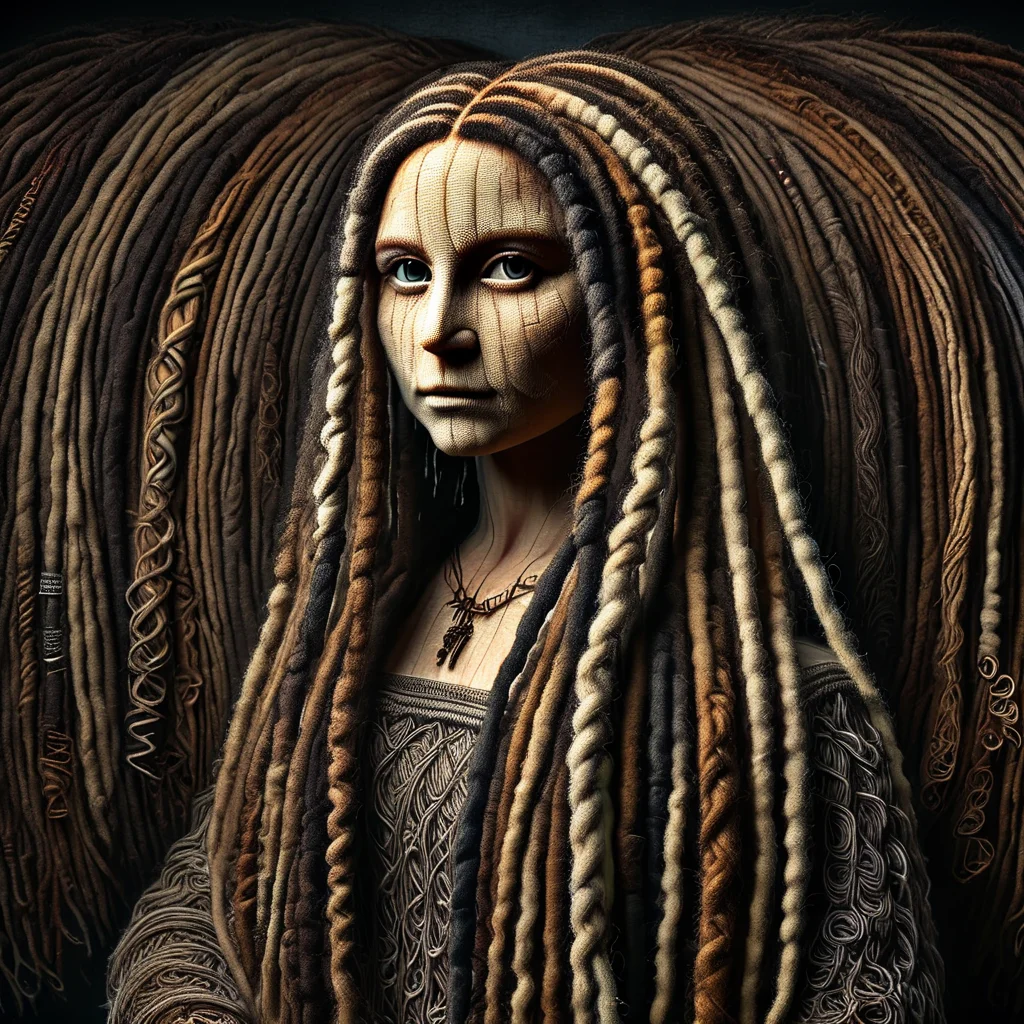 dreadx professional studio portrait of a Mona Lisa dreadlocks, made of intricate dreadlocks, professional lighting, cinematic dark background, dark<lora:dreadx:1>