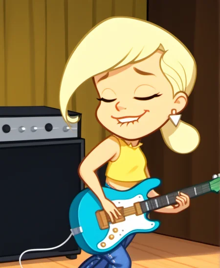 score_9, solo, 1girl, spgirl1, solo focus, little girl, blonde hair, ponytail, on stage, biting lip, shirt, sleeveless, yellow tank top, pants, jeans, playing guitar, holding instrument, eyes closed, white earrings, jewelry, midriff, rock concert background, shortstack, <lora:spgirl1-000004:1>,