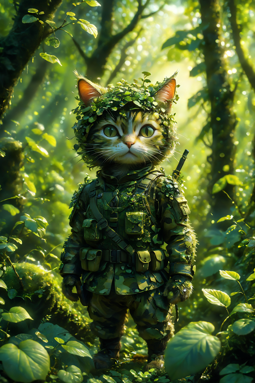 A surreal and dreamy scene featuring a small cat soldier dressed in green camouflage gear, skillfully camouflaged and hiding within a dense forest. The forest is lush and vibrant, with an ethereal glow filtering through the trees, creating a magical and whimsical atmosphere. The details are hyper-realistic, capturing the textures of the cat's fur, the camouflage uniform, and the foliage of the forest.
small cat soldier, green camouflage gear, hiding in dense forest, lush and vibrant, ethereal glow, magical atmosphere, hyper-realistic, intricate textures, surreal, dreamy, whimsical, fantastical, detailed environment.
<lora:add-detail-xl:1.0>,
<lora:EnvyBetterHiresFixXL01:1.0>,
<lora:extremely_detailed:1.0>, extremely detailed,
<lora:EldritchMixIllustration_1.1:0.6>,
<lora:xl_floating:0.8> floating island, surreal,
<lora:Regiiinas_plant_style:1> plantstyle,