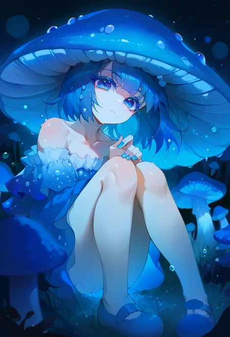 score_9, score_8_up, score_7_up, score_6_up, source anime,
mushroom girl, 1girl, bare shoulders, blue theme, blue nails, jirai kei, colored eyelashes,
blue eyes, looking at viewer, closed mouth,
collarbone, facing viewer, light particles, mushroom, mushroom hat, personification, solo,
close-up, knees up, mary janes,
mycena subcyanocephalar, night, depth of field, scenery, nature, blue mushroom, droplets, dew drop
<lora:monmusu_plant_girl_v13:1>