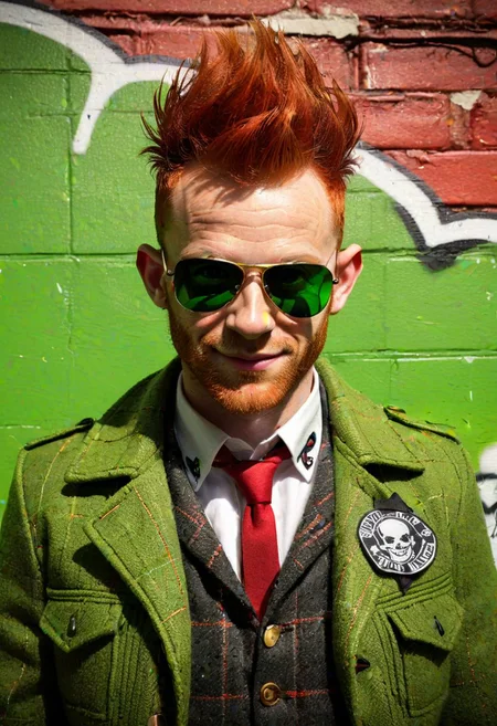 photorealistic leprechaun, mischievous smirk, bright green eyes, red hair styled in a mohawk, aviator sunglasses, tweed jacket with patches, urban setting, graffiti-covered wall in background, dramatic lighting, high contrast