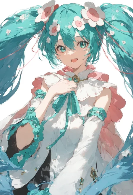 score_9,score_8_up,score_7_up,,source_anime BREAK, upper body , 1girl, solo,looking at viewer,, MHM21, hatsune miku, hair ornament, flower, twintails, magical mirai miku, long hair, only two hair flower, detached sleeves, open mouth, aqua hair, smile, very long hair, wide sleeves, medallion, white sleeves, aqua ribbon, aqua eyes, cape, hair between eyes, white flower<lora:ãã¸ã«ã«ãã©ã¤2021:1>