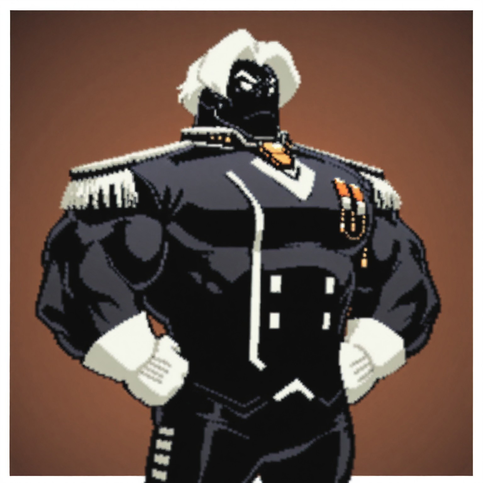 masterpiece, best quality, newest, absurdres, highres, Diz_D00dz, white borders around characters, soft light, BREAK, 1man, 1boy, MajorSargas, deep black skin colore, strong jaw, white hair, white sclera, medium length hair, middle parting, {{beefy}}, {{muscular}}, {{large}}, close up to face