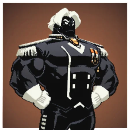 masterpiece, best quality, newest, absurdres, highres, Diz_D00dz, white borders around characters, soft light, BREAK, 1man, 1boy, MajorSargas, deep black skin colore, strong jaw, white hair, white sclera, medium length hair, middle parting, {{beefy}}, {{muscular}}, {{large}}, close up to face