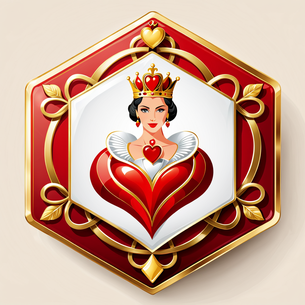 a hexagonal badge of the queen of hearts,  vector,  <lora:badgemkrsdxl:1>, best quality,  red and gold,