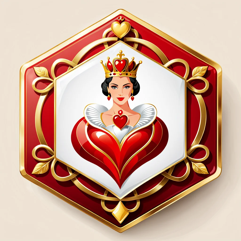 a hexagonal badge of the queen of hearts,  vector,  <lora:badgemkrsdxl:1>, best quality,  red and gold,