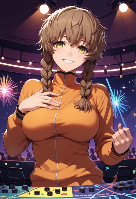 score_9, score_8_up, score_7_up, score_6_up, source_anime, 1girl, solo, amane suzuha, short hair, twin braids, green eyes, brown hair, big breasts, looking at you, smile, indoors, disco, hand to own chest