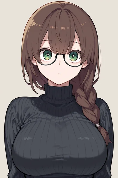{{masterpiece,best quality,amazing quality}},
BREAK
1girl, solo, portrait, upper body, looking at viewer, simple background, brown hair, bangs, single braid over shoulder, black glasses, expressionless, green eyes, large breasts, black sweater, ribbed sweater, turtleneck
<lora:Kishida_Koara_Style:1>
