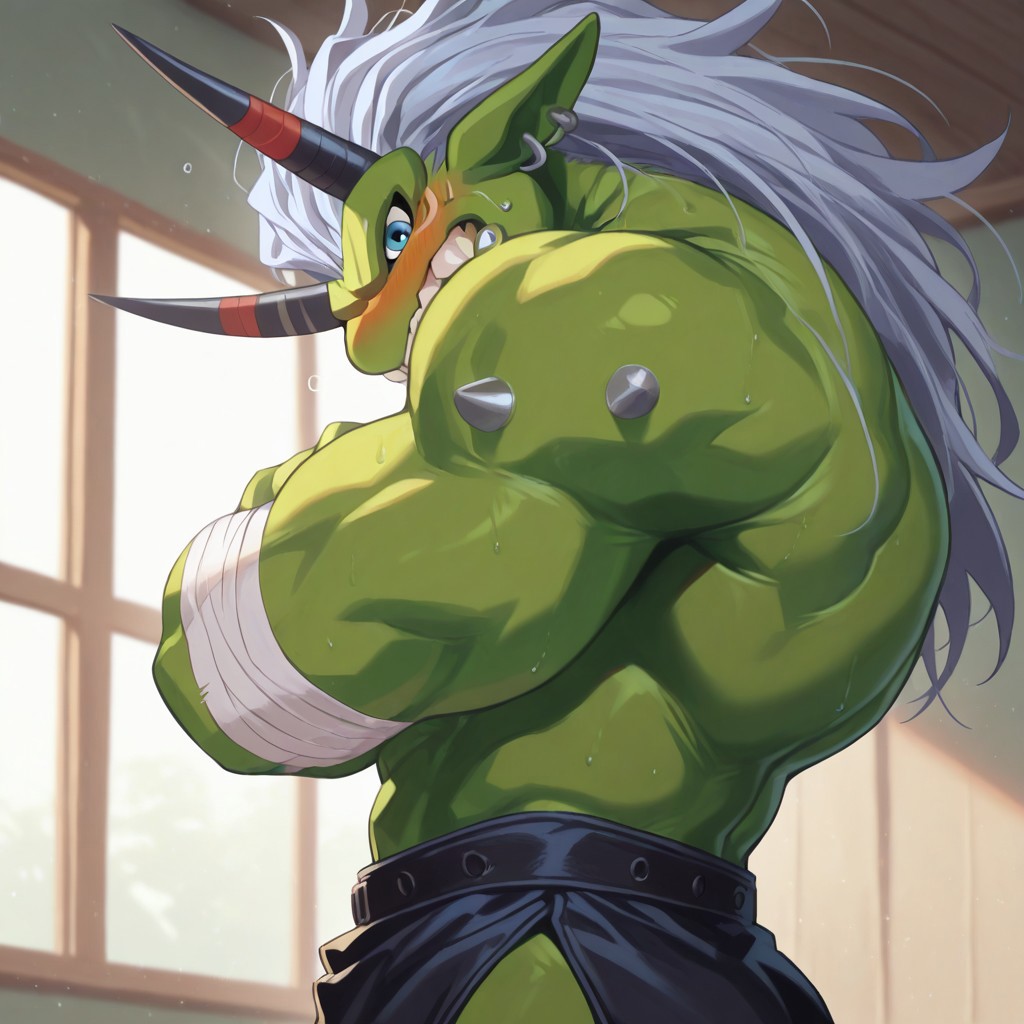 High quality, good shots, ogre10101110, Ogremon, digimon, 1boy, solo, green skin, blue eyes, teeth, mouth open, no nose, bandages, loincloth, horns, black horns, gym background, flushed, side angle shot, arms crossed, looking at viewer, upper body shot, (shy:1.6), flushed
