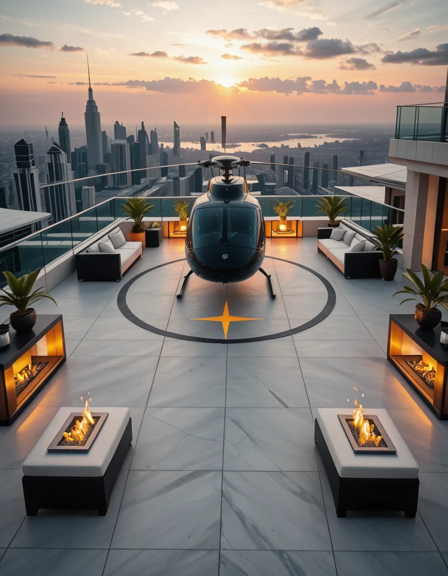 A high-resolution photo of a luxurious rooftop of a five-star hotel at sunset, featuring a sleek helipad with a high-end, matte-black private helicopter elegantly parked. The rooftop is designed with ultra-modern architecture, featuring a spacious terrace with infinity-edge glass railings, ambient lighting, and a panoramic city skyline in the background. The surface of the helipad is clean, polished concrete with clear illuminated markings. Surrounding the helipad, there are lounge areas with modern outdoor furniture, minimalist fire pits, and decorative planters with tropical greenery. The lighting is warm and golden, casting soft shadows and highlighting the contours of the helicopter and the textures of the rooftop. The sky is dramatic, painted with hues of orange, pink, and violet, creating a cinematic atmosphere of luxury and exclusivity. The overall mood is elite, calm, and aspirational, showcasing the ultimate in urban luxury lifestyle.
<lora:SDXLFaeTastic2400:0.4> <lora:extremely_detailed:0.4> extremely detailed,helipad r00ft0p <lora:helipad_r00ft0p-i:1>, Masterpiece,best quality,hi res,8k,hi res,8k,award winning,(sharp focus, intricate, highly detailed),
