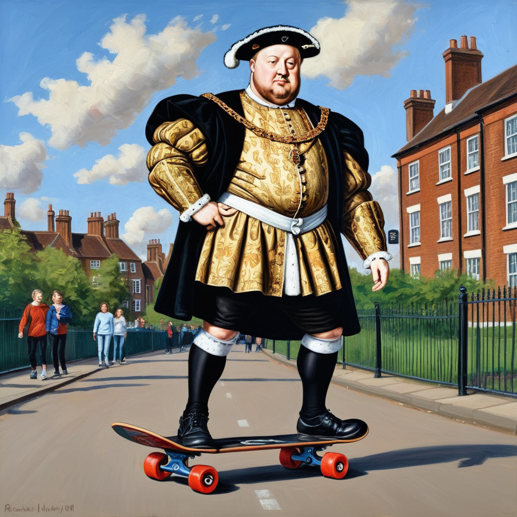 oil painting of king henry VIII on a skateboard in finsbury park