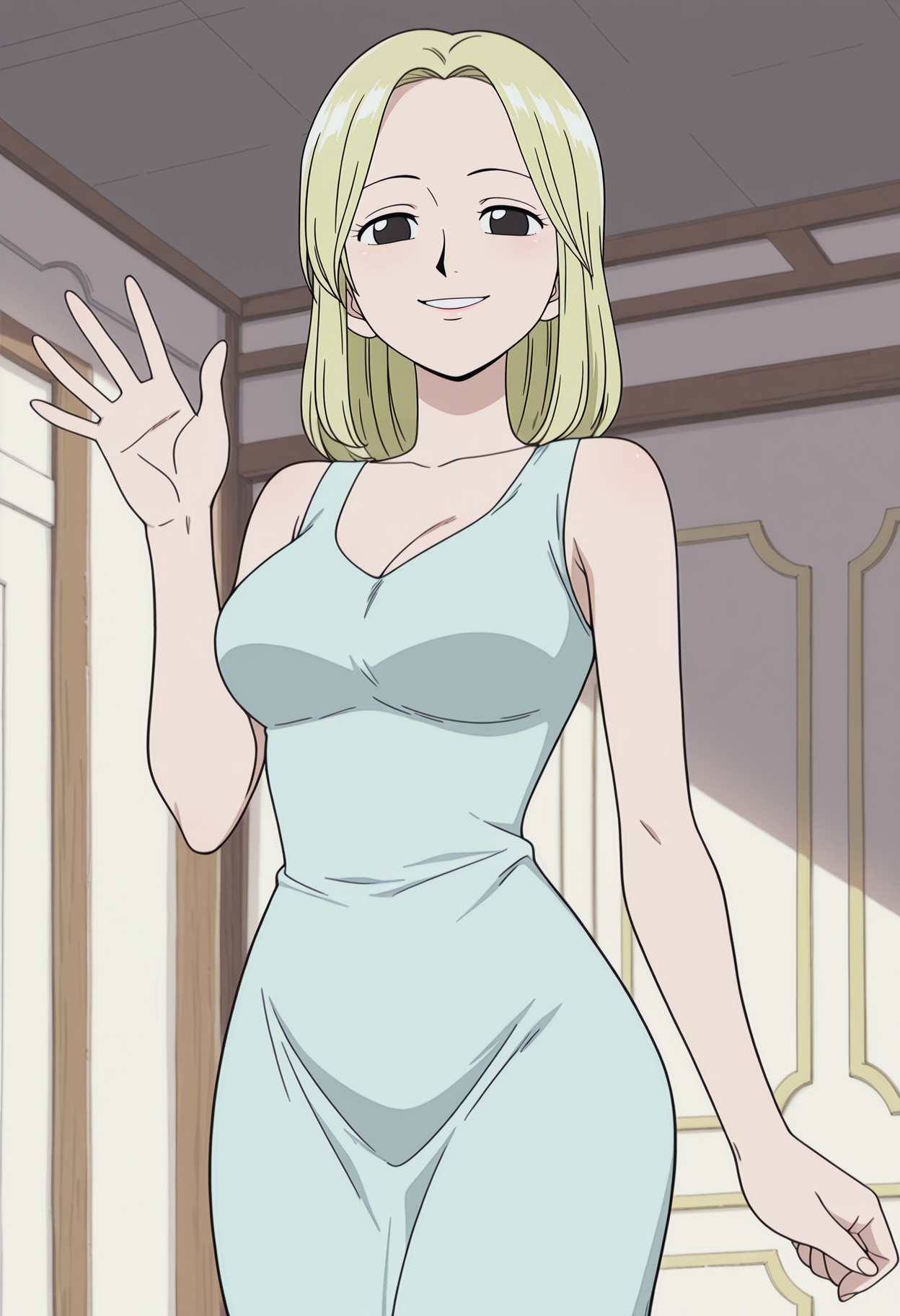 1girl,solo,mm,mature female,blonde hair,black eyes,breasts,anime coloring,
dress,cowboy shot, waving, looking at viewer, smile,parted lips, indoors
,masterpiece,best quality,amazing quality,<lora:Kaya-One_Piece:0.8>