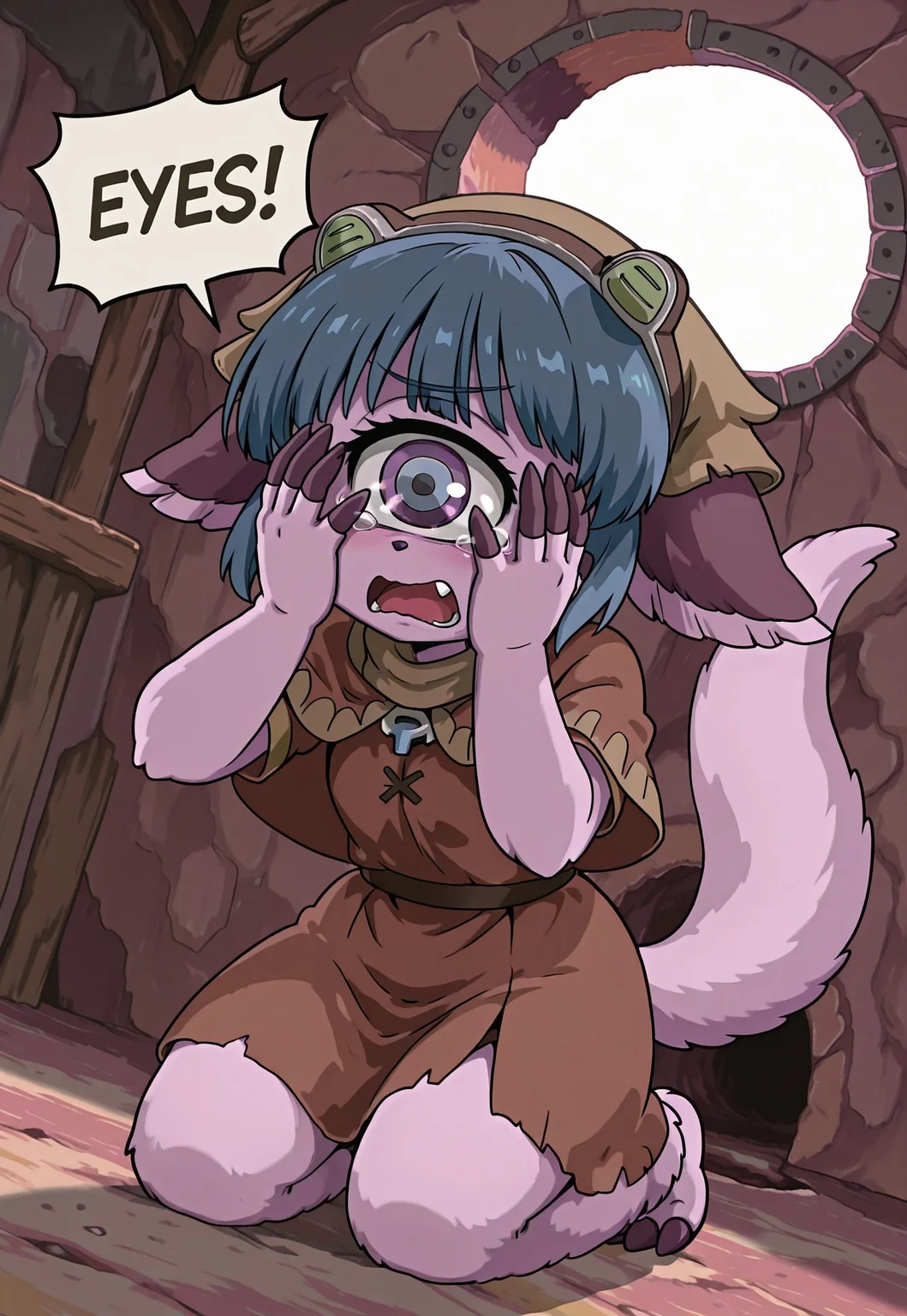 MY EYES!, speech bubble, covering own eyes, pakkoyan,cyclops,furry female,monster girl,one-eyed,purple eyes,blue hair,animal ears,tail,fur legs,brown headwear,brown caplet,brown dress, on knees, from angle, best quality, sun light, hole in dungeon, solo, ghibli style