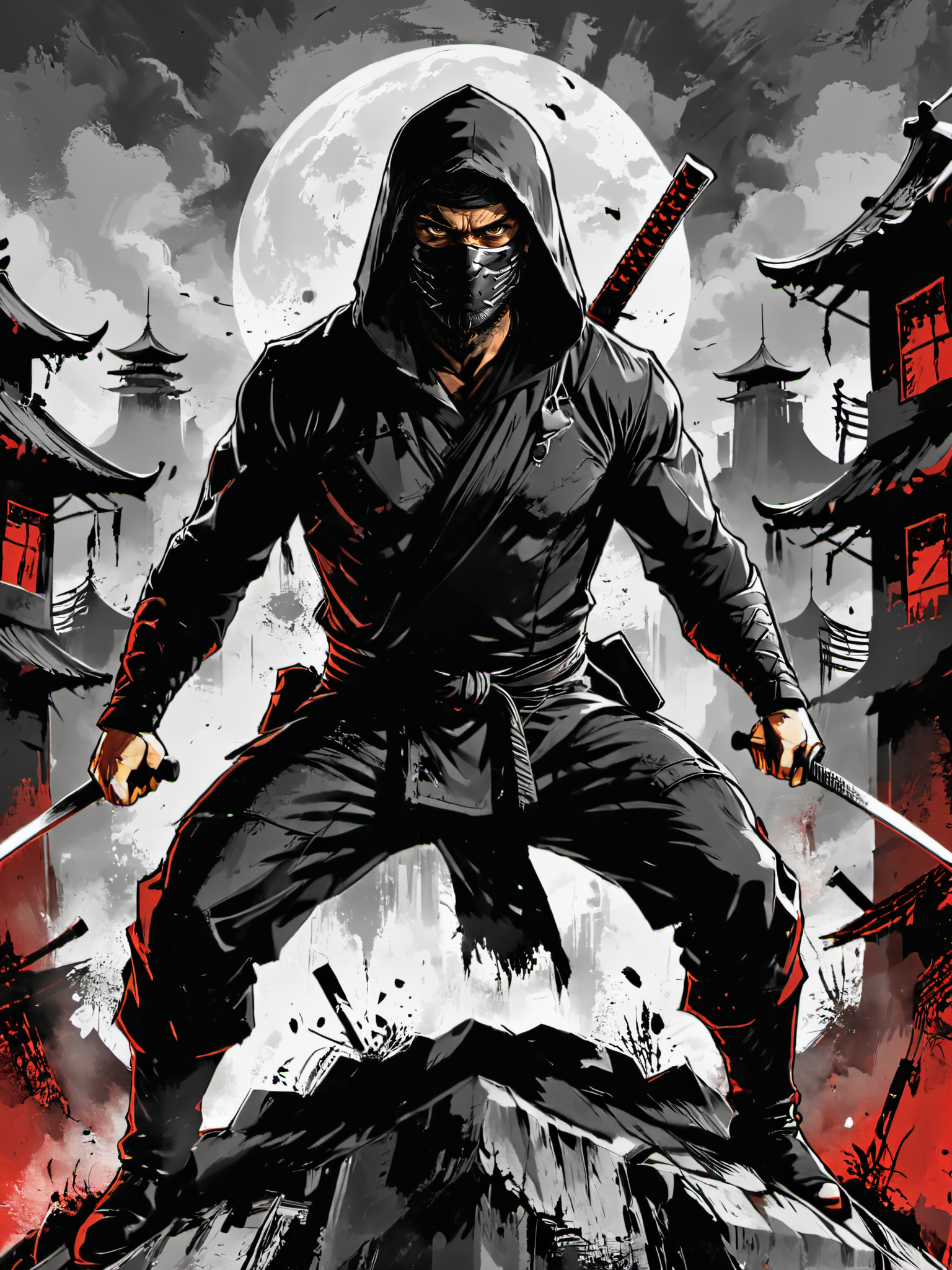 sin city style depiction of a ninja warrior,<lora:Dark_Novel:0.7>,man,, Ultra-HD-details