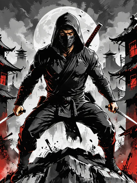 sin city style depiction of a ninja warrior,<lora:Dark_Novel:0.7>,man,, Ultra-HD-details
