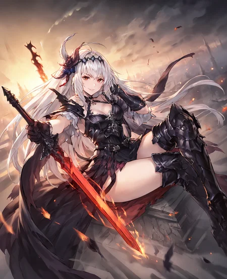 score_9,score_8_up,score_7_up,source_anime,rating_safe BREAK masterpiece,highres,best quality,high quality,dramatic angle,cinematic lighting,1girl,,<lora:CygamesJeanne_V4_pony-000030:0.86> ,BREAK,Costume9,silver hair,red eyes,JeanneDark,hair ornament,headgear,hairband,hair flower,feathers,white hair,black dress,armor,deatched sleeves,gunatlets,armored boots,thick thighs,torn skirt,holding sword,flaming sword,crow,sunset,dark clouds,lightning,dynamic angle,dynamic pose,depth of field,portrait,close-up,evil smile,halterneck,collarbone,thigh boots,burning city,dim,looking at viewer,suspenders,sitting,legs crossed,crossed legs,seductive pose