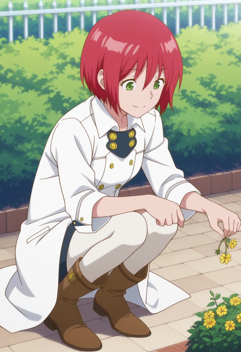masterpiece,best quality,amazing quality, source_anime, 
shirayuki, 1girl, solo, green eyes, red hair, short hair, labcoat, white pantyhose, boots, brown footwear, squatting, garden, picking flowers, smile,
