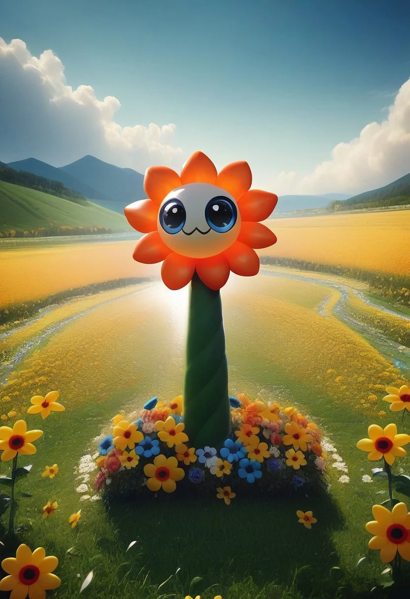 score_9, score_8_up, masterpiece, extremely detailed, best quality, highres, Latex, googly eyes, humming bird, flower field, scenery