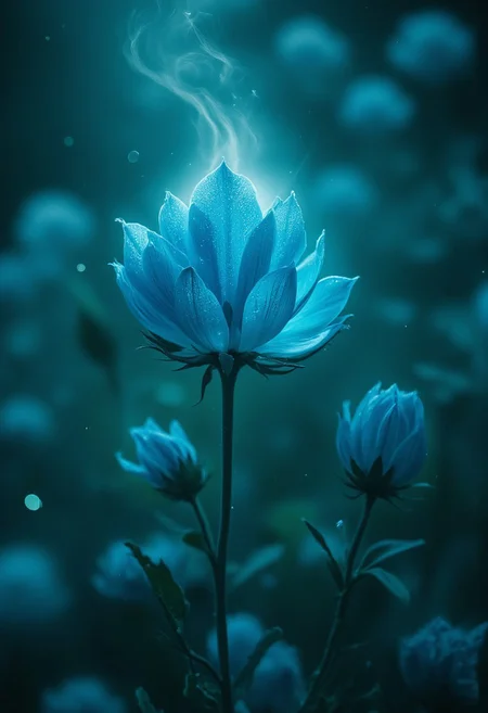A hidden garden unfolds in a quiet display of ethereal charm, where every leaf and petal is bathed in a gentle spectrum of blue and white light. Silken mists weave through intricately arranged flora, softening the contours of each blossom and lending the space an almost surreal, dreamlike quality. The delicate interplay of shadows and luminous highlights on dewy petals creates an atmosphere of intimate stillness, transforming the garden into a sensory haven that both soothes and captivates the soul.