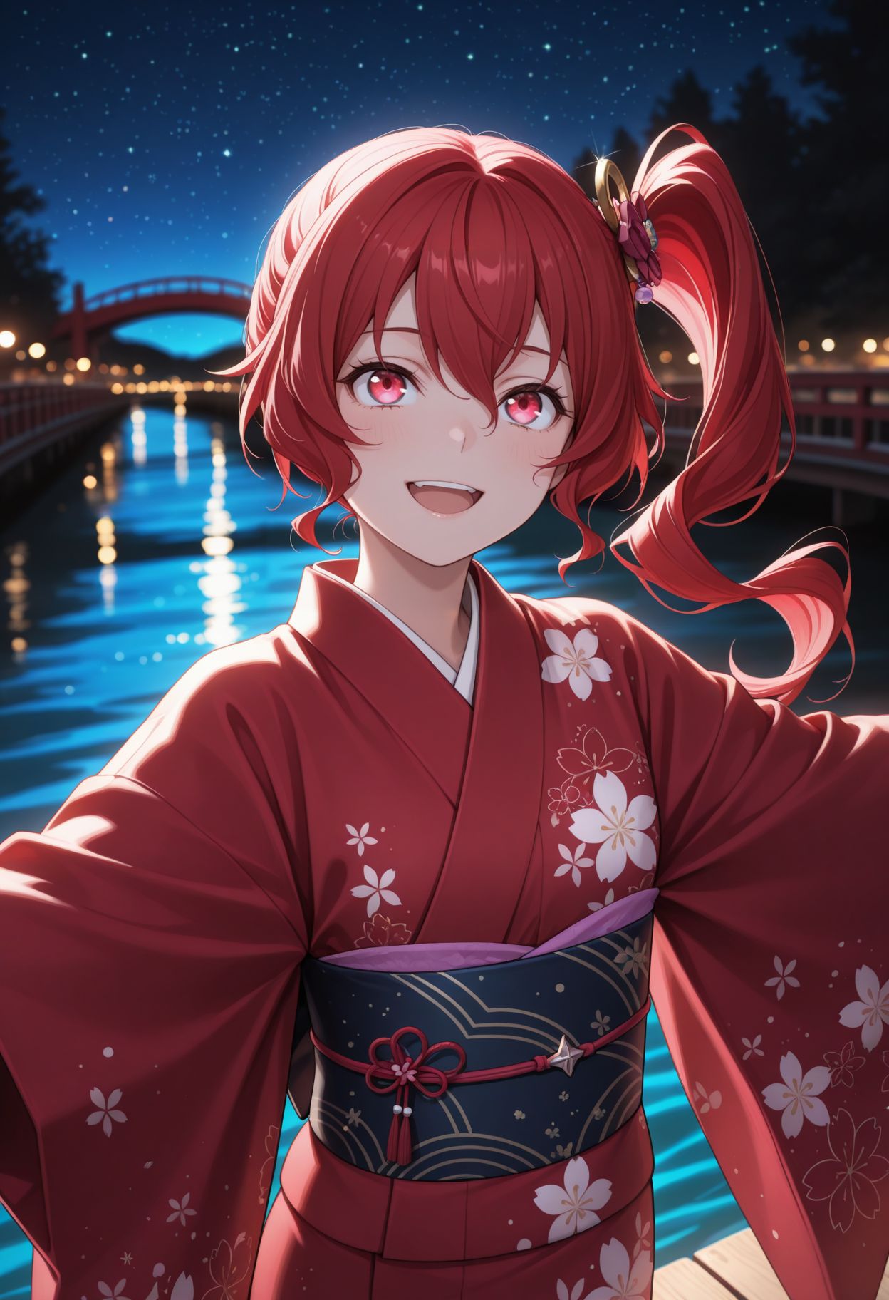 masterpiece,best quality,absurdres,highres,very aesthetic,high quality,detailed,insanely detailed,beautiful,perfect lighting, ,depth of field,blurry background,bokeh, looking at viewer,
 <lora:Teruko Ôkura illu:1> 1girl, red hair, side ponytail, red eyes, long hair, 
japanese clothes, kimono, night sky, open mouth, blue eyes, star (sky), smile, floral print, outstretched arms, sash, outdoors, obi, yukata, bridge, looking up, starry sky, water, spread arms, hair ornament