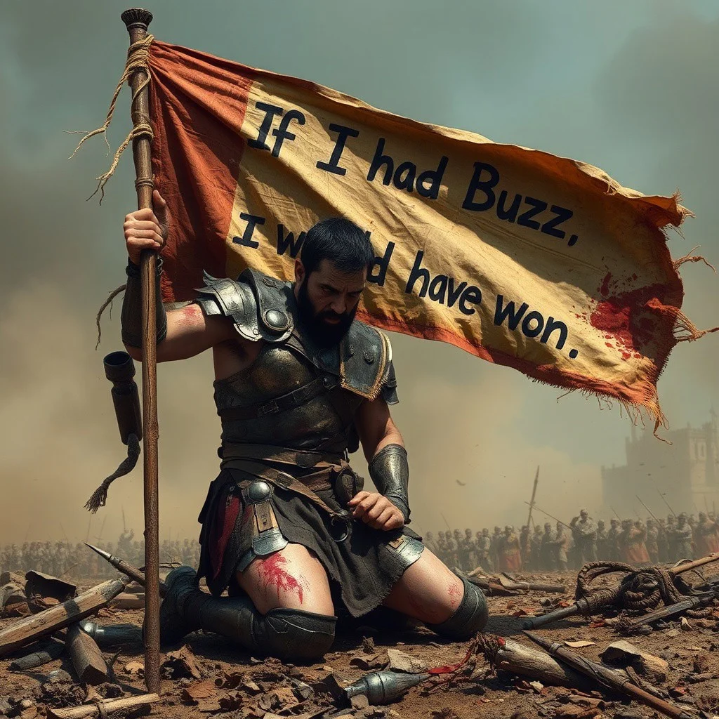A war-torn battlefield with a wounded warrior kneeling in the foreground, gripping a tattered flag. The warrior, clad in damaged and scarred armor, is bruised, bleeding, and exhausted but still determined as they hold the flag high. Their armor is cracked and dented, showing the intensity of the battle they endured. The flag is frayed and dirty, with the words 'If I had Buzz, I would have won' boldly written across it. Smoke rises in the background, debris and remnants of the battle scattered around, creating a somber, defeated atmosphere.