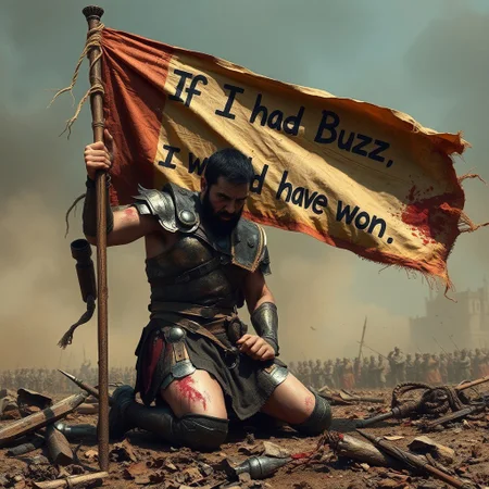 A war-torn battlefield with a wounded warrior kneeling in the foreground, gripping a tattered flag. The warrior, clad in damaged and scarred armor, is bruised, bleeding, and exhausted but still determined as they hold the flag high. Their armor is cracked and dented, showing the intensity of the battle they endured. The flag is frayed and dirty, with the words 'If I had Buzz, I would have won' boldly written across it. Smoke rises in the background, debris and remnants of the battle scattered around, creating a somber, defeated atmosphere.