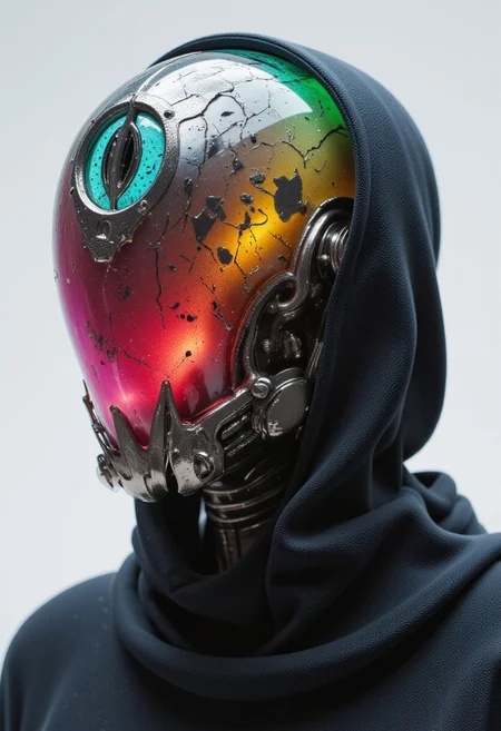 An extreme macro close-up of a translucent robotic head resembling a serpent, its hollow, glass-like surface revealing the decayed remnants of its inner mechanisms. The lifelike scales, once vibrant, now shift with eerie, fading neon tones of pink, red, yellow, and green, bleeding into one another like the last embers of a dying machine. Subsurface scattering (SSS) effects illuminate fractured wiring beneath the surface, glowing faintly with irregular pulses, as if struggling to cling to life.
The lighting is dim and cold, with harsh backlight casting long shadows through the translucent material, emphasizing the cracks and imperfections in its once-flawless design. The shallow depth of field blurs the desolate backdrop, littered with rusted metal fragments and faintly glowing debris, adding to the sense of abandonment.
The robotic head is crowned with a weathered metal hood, its surface pitted and scarred as if corroded by years of acid rain. A central circular aperture, cracked and flickering with an unstable turquoise light, dominates the frame. Etched into the hood are intricate filigree patterns, their coppery glow dim and irregular, like the fading heartbeat of an ancient, forgotten machine. These shifting patterns pulse faintly, evoking an organic-mechanical aesthetic—a haunting relic of a future consumed by entropy. in the style of ck-ncr,