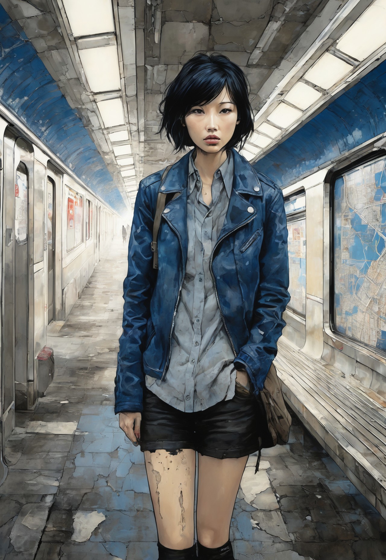 Blame! by Tsutomu Nihei "urban subway station, blue tone, cool blue lighting, flickering fluorescent lights, tiled walls, cracked and grimy, rusted metal benches, scattered newspapers, faint graffiti, blue spray paint, lone character, young woman, late twenties, pale skin, short black hair, slicked back, gray eyes, sharp and tired, wearing a leather jacket, dark blue, faded jeans, scuffed boots, holding a torn subway map, faint scars on knuckles, distant train rumble, air thick with dust, very detailed atmosphere, high contrast, ultra-detailed, realistic textures, moody urban scene" easynegative, ng_deepnegative_v1_75t