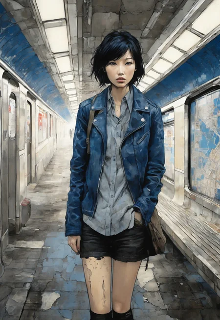 Blame! by Tsutomu Nihei "urban subway station, blue tone, cool blue lighting, flickering fluorescent lights, tiled walls, cracked and grimy, rusted metal benches, scattered newspapers, faint graffiti, blue spray paint, lone character, young woman, late twenties, pale skin, short black hair, slicked back, gray eyes, sharp and tired, wearing a leather jacket, dark blue, faded jeans, scuffed boots, holding a torn subway map, faint scars on knuckles, distant train rumble, air thick with dust, very detailed atmosphere, high contrast, ultra-detailed, realistic textures, moody urban scene" easynegative, ng_deepnegative_v1_75t