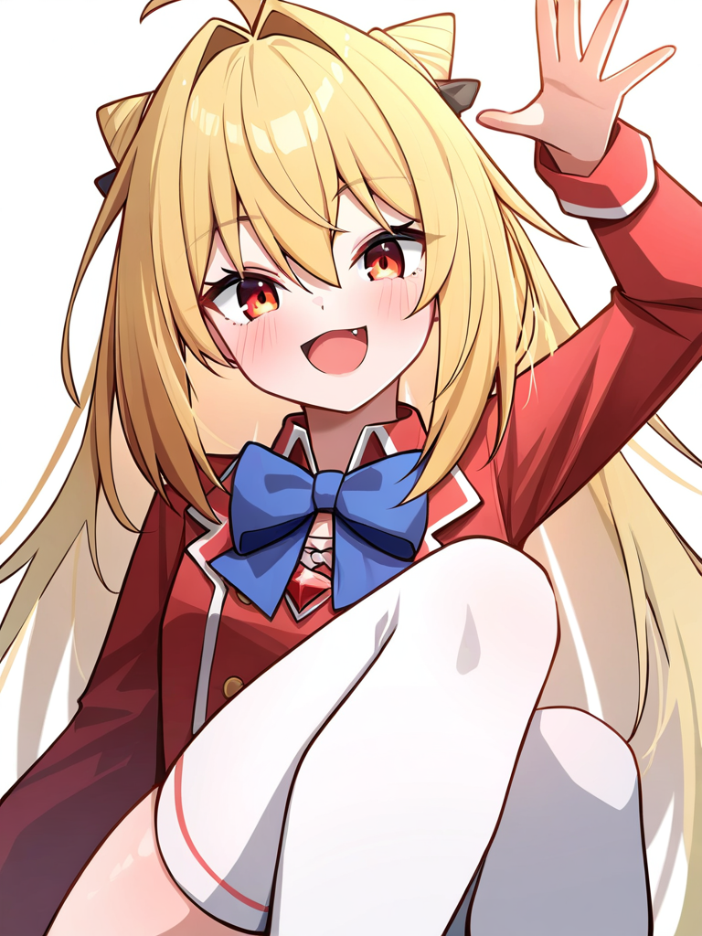 ,1girl,:d,blue bowtie,double bun,fang,looking at viewer,red jacket,solo,very long hair,white background,white thighhighs,xixueji,<lora:xixueji-000016:1>, masterpiece, best quality, very aesthetic, absurdres
