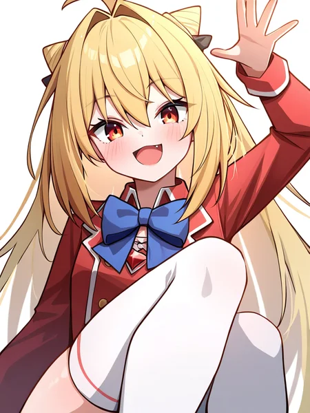 ,1girl,:d,blue bowtie,double bun,fang,looking at viewer,red jacket,solo,very long hair,white background,white thighhighs,xixueji,<lora:xixueji-000016:1>, masterpiece, best quality, very aesthetic, absurdres