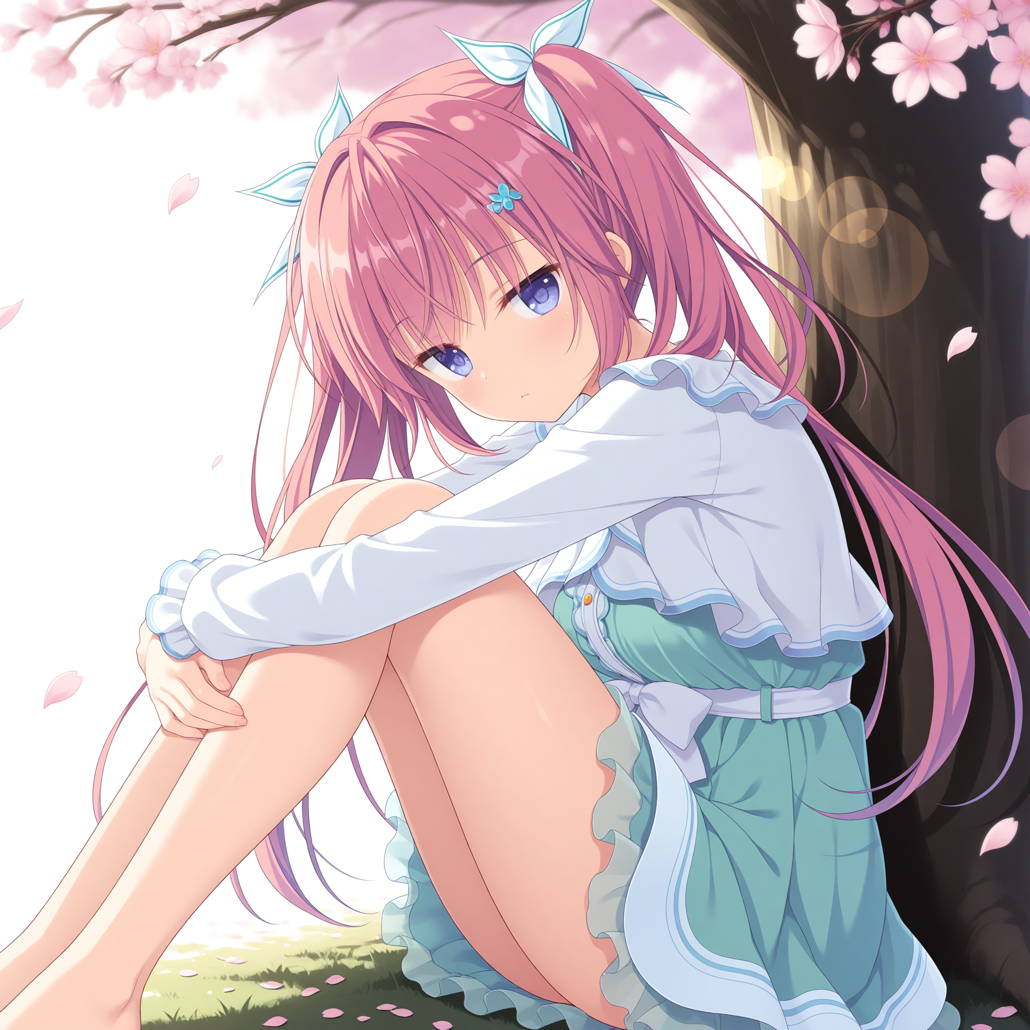 <lora:Shirakawa_Hiyori_1_nai-000033:1>,Shirakawa Hiyori,
twintails,hair ribbon,white ribbon,hairclip,official outfit,long sleeves,green dress,layered dress,frilled dress,waist bow,white bow,
BREAK
1girl,solo,looking at viewer,sitting,from side,simple background,under tree,cherry blossoms,petals,falling petals,hugging own legs,expressionless,depth of field,lens_flare,