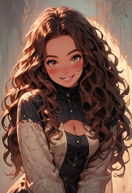 score_9, score_8_up, score_7_up,  1cute girl, wavy hair, (Brown hair), long hair, forehead, ring earings, Black chocker, eyelashes, button nose, brown eyes, blush, smile, round face, fat face, button nose, plump, side part, standing detailed skin texture, medium breasts, cleavage,wide hips, 
concept art, cell shading, masterpiece, 
detailed face, beautiful, provocative, GothMnPDXL