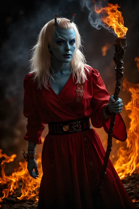 A hyper-realistic portrait, photorealistic photo close-up image of A tall, slender andorian with flowing white hair and blue skin stands in the heart of a blazing inferno. Her sharp, angular features are illuminated by the flickering light of the fire surrounding her. Her eyes glow an eerie shade of amber, reflecting the chaos that rages around her. Smoke curls around her like a living thing, mingling with the long, dark red robes that billow in the heat. The fabric is embroidered with ancient runes, glowing faintly as she channels elemental magic. In her hand, she wields a staff made of twisted, blackened wood, its top adorned with a glowing ember that pulses with power. Flames dance at her feet, yet she remains untouched by their heat, her expression one of calm control. Her pale skin contrasts sharply with the fiery backdrop, adding an ethereal quality to her presence. As the firestorm rages around her, she raises her staff, calling forth even greater flames to bend to her will. (photography, high-resolution, dynamic, energetic,hyper-realistic, dramatic lighting, shallow depth of field.), detailmaximizer, MythP0rt<lora:midjourney_whisper_flux_lora_v01:0.55><lora:aidmaMJ6.1-FLUX-V0.1:0.4><lora:FluxMythP0rtr4itStyle:0.4><lora:detailed_flux_ntc:2.2><lora:aidmaImageUpgrader-FLUX-V0.1:0.65><lora:andorian_FLUX>