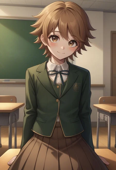 score_9, score_8_up, source_anime, highly detailed, 1boy, solo,
chihiro,1boy, brown hair, male focus, solo, skirt, smile, blush, closed mouth, bangs, brown eyes, jacket, short hair, brown skirt, crossdressing,
indoor, sit, classroom,