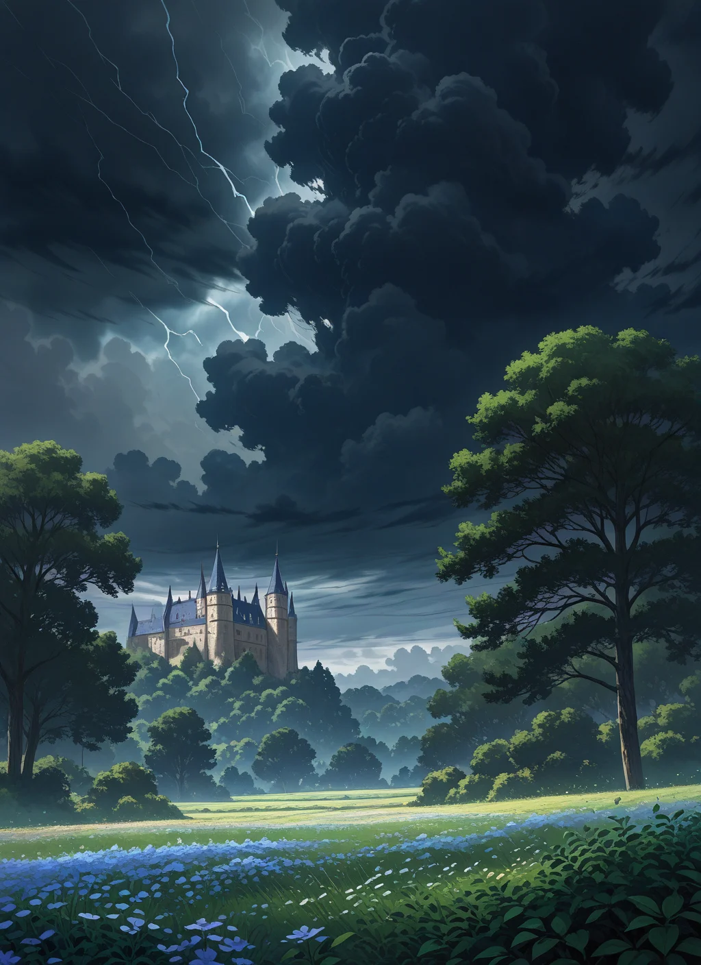 artist:, masterpiece, best quality, newest, very awa, absurdres, highres, scnr, medieval castle, daytime, storm, wind, trees, bushes, dark clouds, detailed, <lora:SDXL\Illustrous\Concept\Scenery_Enchancer-Illu-scnr:1.0>