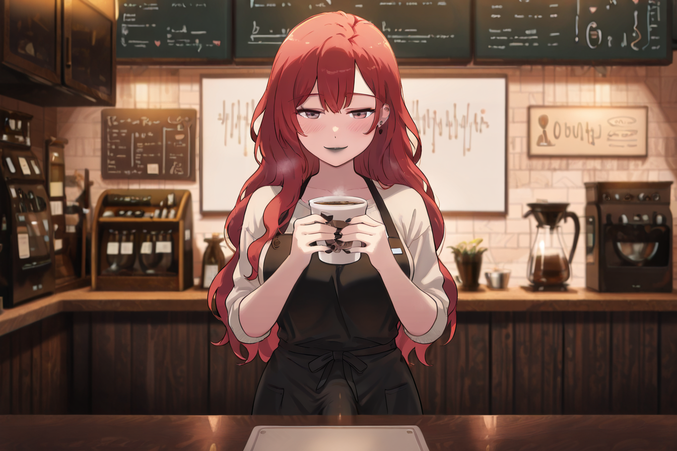 masterpiece, score_9, score_8_up, score_7_up, highly detailed, ultra-detailed, cinematic lighting, soft warm glow, cozy atmosphere,  
1futa, long red hair, vibrant red hair, wavy hair, nose piercing, ear piercings, silver jewelry, barista, coffee shop worker, wearing apron, stylish casual outfit, warm smile, friendly expression, black nail polish, black lipstick, blushing,
behind the counter, holding a coffee cup, steaming coffee, rustic wooden counter, espresso machine, chalkboard menu in the background, café ambiance, soft blurred background, warm color palette, inviting atmosphere, <lora:DownbulgeIL:0.6> ,down_bulge,  <lora:Kamuo:1>, Kamuoo,  <lora:NOOB_vp1_detailer_by_volnovik_v1:1>, <lora:add-detail-xl:1> ,<lora:SkindentationIL3.4_alpha16.0_rank32_full_400steps:3>,
