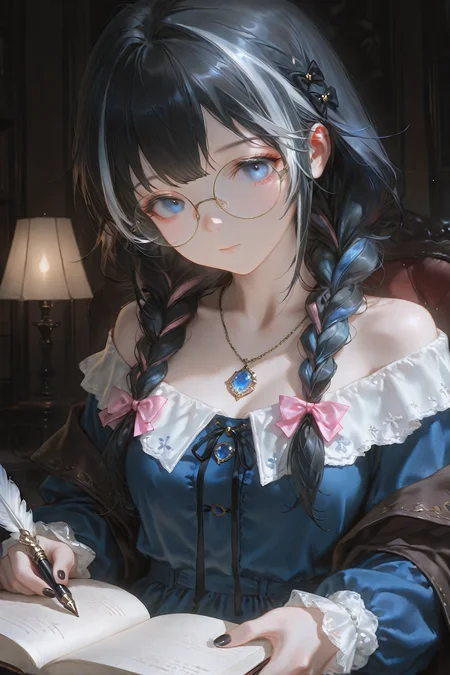 masterpiece,best quality,1girl, solo, book, holding, twin braids, braid, dress, glasses, bow, open book, looking at viewer, jewelry, blue eyes, black hair, long hair, hair bow, necklace, bangs, holding book, cape, streaked hair, multicolored hair, round eyewear, long sleeves, quill, blue dress, pen, black nails, closed mouth, pink bow, nail polish, off shoulder, ribbon,<lora:Dark_Fantasy_anime:0.7>,dark,eerie,dark fantasy,moody,<lora:dilanshengxue-waiNSFWIllustriousv12-v1.5:0.3>,dilanshengxue,cinematic lighting,<lora:nyalia:0.3>,