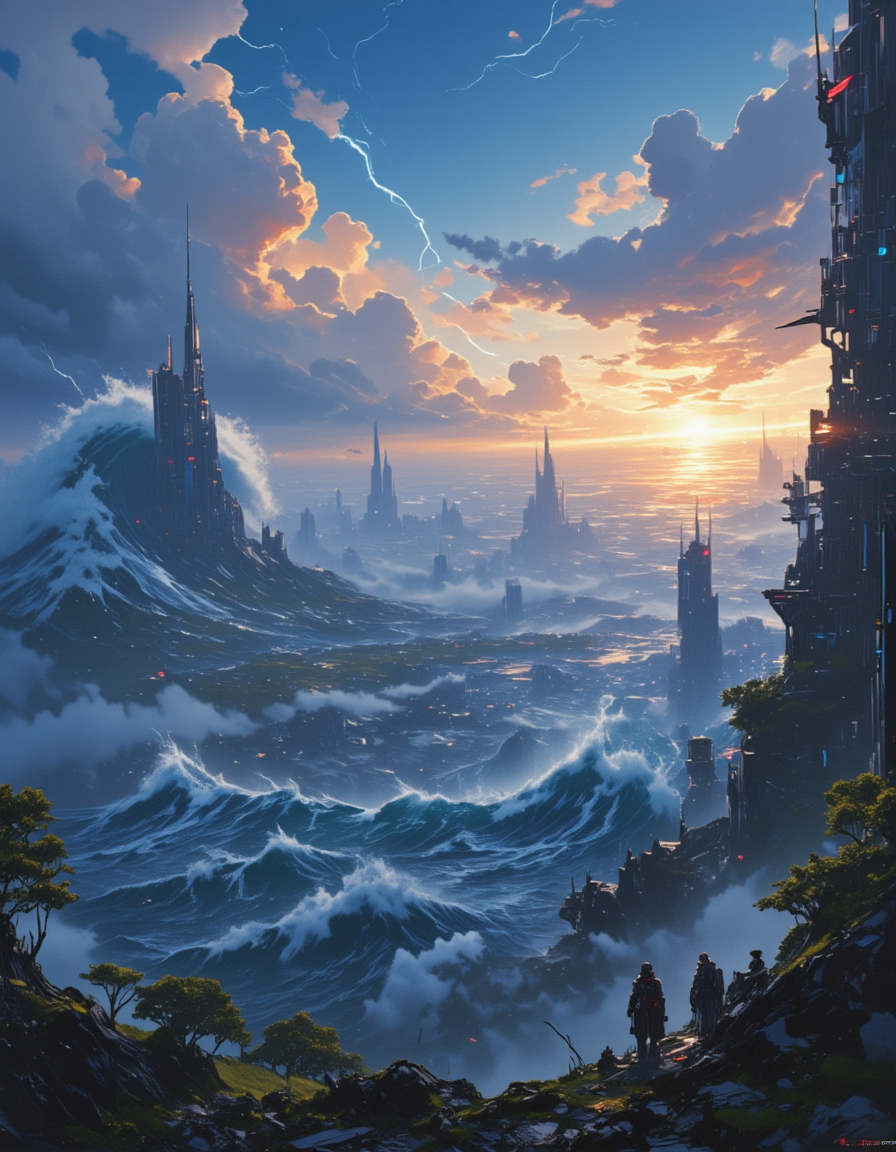 <lora:SW01v2-1flux:1>  EFFD02, imagination, cyberpunk city, epic world, sunset, SE12, rich detailed sky, clouds, T10, landscape, huge very high waves, epic scale, rocks, tortured trees, vegetation, moss, rough sea, blue, T1, white, dark blue, fantasy, blue, gold, T3, T7, bokeh, T4, spacecraft, storm, lightnings, wind, impressive,