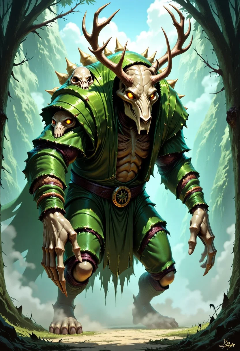 Dark-Fantasy-Cardd-Flux.V1.0 dark fantasy style illustration with Detailed hand, Perfect hand, that features massive undead monster with features of multiple animals combined intro him. The creatures head is a massive skull the resambles a sabertooth tiger, and out his skull grow massive antlers and multiple horns, eyes of the creatue are glowing yellow. Thre creatures body is covered in multiple lesser animal skulls, some of them also have yellow eyes and they are staring in all directions. The creature is wearing a massive cloak of leaves and vines, that connects with white fog cloth that emits a massive creeping fog that covers majority of the ground. Most of mosnter body is covered with leaves, that form massive cloak, only his hands and and massive skull are visible outside of the cloack The creature has a long, massive bone finger and is pointing intro viewers direction.